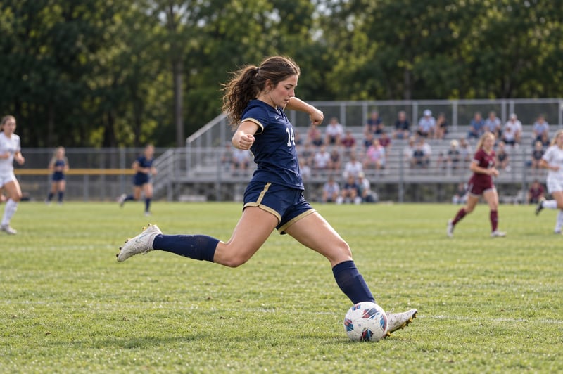 Fictional brunette soccer athlete in a navy number 14 uniform striking the ball